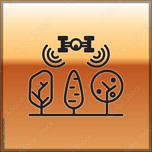 Black line Smart farm with drone control and tree icon isolated on gold background. Innovation technology for agricultural company. Vector Illustration