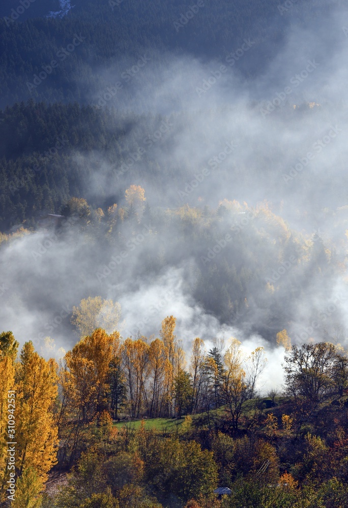 Autumn mountain forest village landscape. Mountain village in autumn. Mountain forest village in autumn. Autumn mountain village view Autumn mountain forest village landscape. Mountain village in autumn. Mountain forest village in autumn. Autumn mountain village view