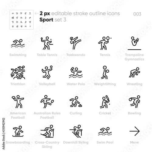 Sport and Fitness Activity outline vector icons. Swimming, Tennis, Triathlon, Bowling, Volleyball, Water Polo