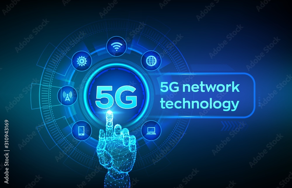 5G network wireless systems and internet of things, Smart city and communication network. 5G wireless mobile internet wifi connection. Robotic hand touching digital interface. Vector illustration. 5G network wireless systems and internet of things, Smart city and communication network. 5G wireless mobile internet wifi connection. Robotic hand touching digital interface. Vector illustration.