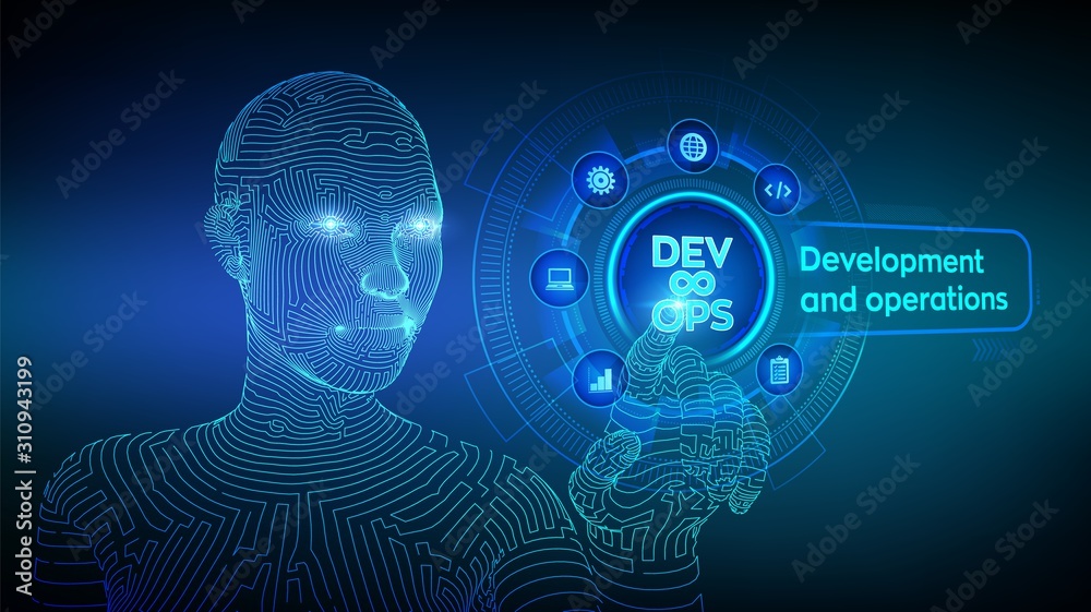 Devops. Agile development and optimisation concept on virtual screen. Software engineering. Software development practices methodology. Wireframed cyborg hand touching digital interface. EPS 10. Devops. Agile development and optimisation concept on virtual screen. Software engineering. Software development practices methodology. Wireframed cyborg hand touching digital interface. EPS 10.