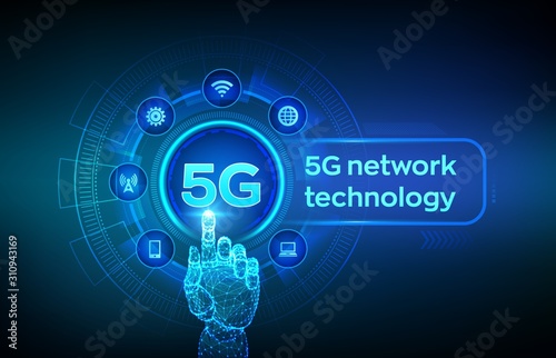 5G network wireless systems and internet of things, Smart city and communication network. 5G wireless mobile internet wifi connection. Robotic hand touching digital interface. Vector illustration.