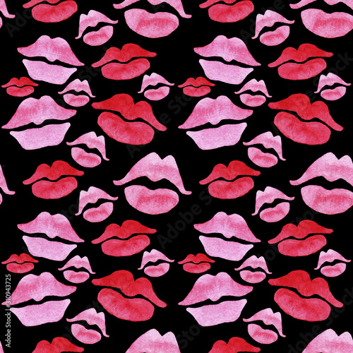 Pattern seamless of lips painted in watercolor on black isolated background. Fashion illustration. Sexy lips design for wallpaper, wrapping, advertising lipstick