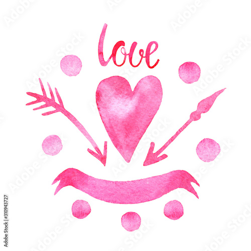 Hand drawn ink and watercolor card with ribbon, ball, arrows, lettering  isolated on white background. Best for banners, wedding, adc, Valentines day