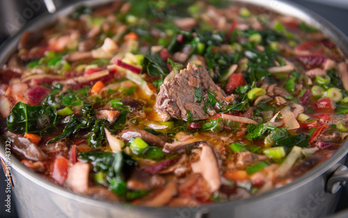 Close up of Home Made Borscht Soup Being Cooked in Stainless Steel Pot