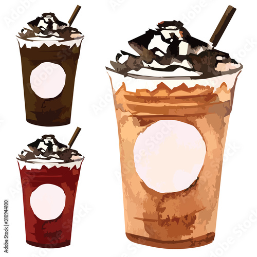 Vector coffee frappe cup to go with cream and chocolate set watercolor illustrated