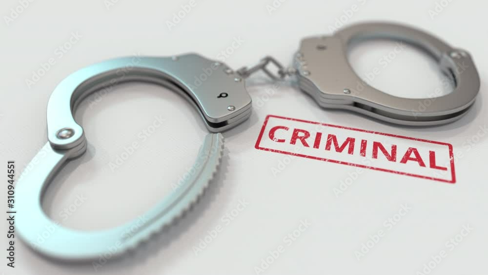CRIMINAL stamp and handcuffs. Crime and punishment related conceptual 3D animation CRIMINAL stamp and handcuffs. Crime and punishment related conceptual 3D animation