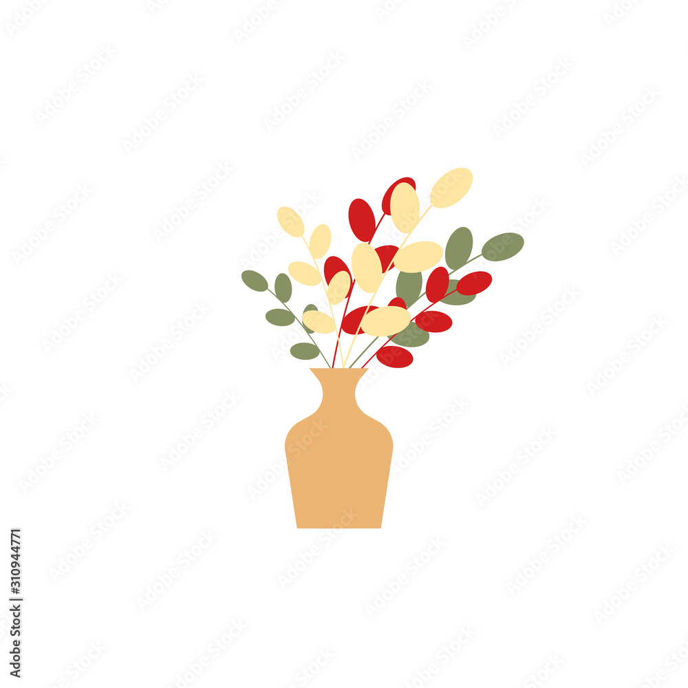 Fototapeta Vase with beautiful colorful natural bunch of plants. Element of home decoration. Vector illustration