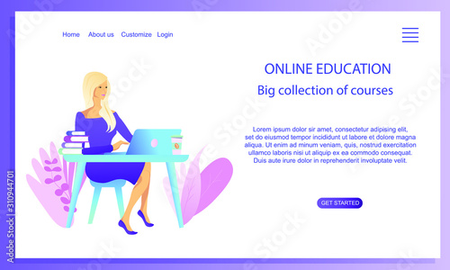 Online education website concept. Girl sittng at the and working with laptop, books and coffee. Web Design Landing Page Template for social media marketing, internet shopping, courses, entertaiment. 