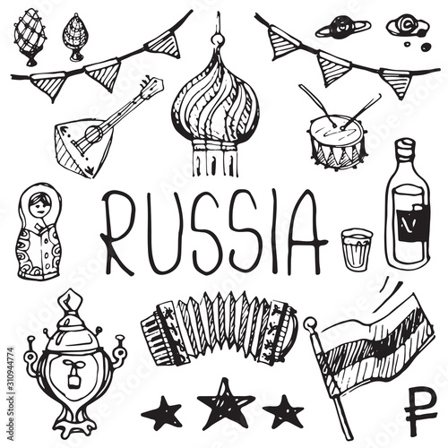 Russia vector set of sketched cultural symbols in black ink