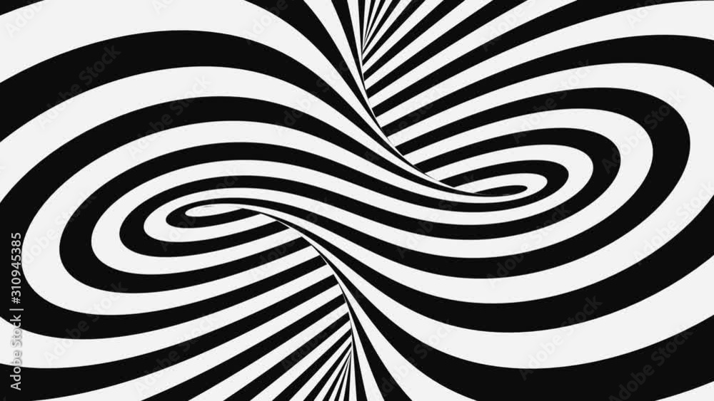 Black and white psychedelic optical illusion. Abstract hypnotic animated background. Spiral geometric looping monochrome wallpaper