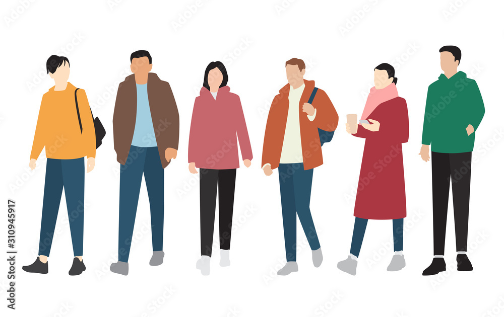 Silhouettes of men and women of different colors, cartoon character, group of standing and waiking business people, flat icon design concept isolated on white background Silhouettes of men and women of different colors, cartoon character, group of standing and waiking business people, flat icon design concept isolated on white background