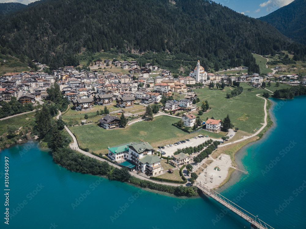 Drone view of lago di santa caterina (Auronzosee) in Auronzo di Cadore, South Tyrol, Italy