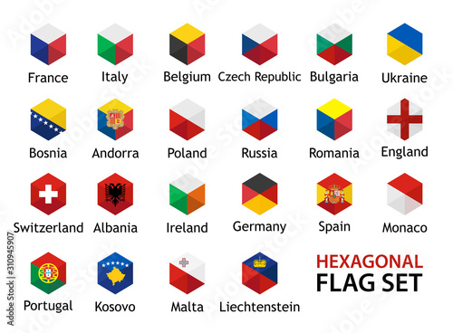 Free Download Flag icon Vector Set hexagonal shape with captions. European Flags in Creative design isolated on white background. - GFXLoad