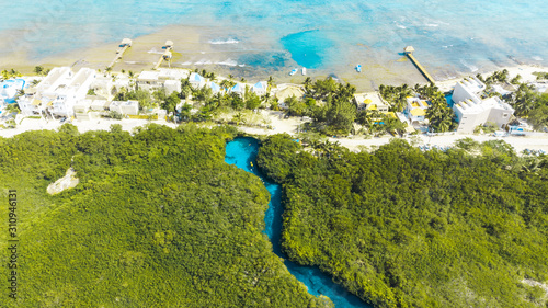 Ocean meets salt Water. Aerial view of Casa Cenote in Tulum, Quintana Roo, Mexico