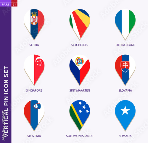Vertical pin icon set, 9 country flag