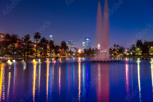 JANUARY 18, 2019 - LOS ANGELES, CALIFORNIA, USA - Echo Park, Los Angeles, California features fountain and water reflections of LA Skyline