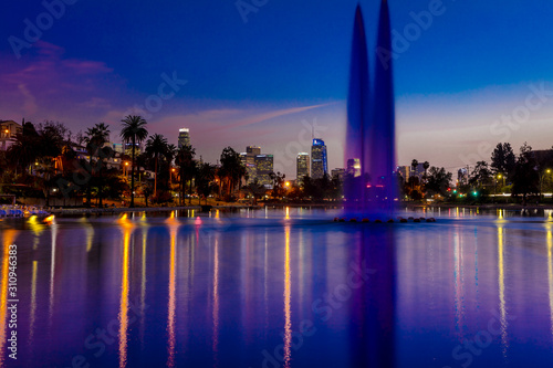 JANUARY 18, 2019 - LOS ANGELES, CALIFORNIA, USA - Echo Park, Los Angeles, California features fountain and water reflections of LA Skyline