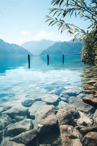 The clear blue water at the Lake Atter (Attersee) in Upper Samzkammergut, Austria, Europe