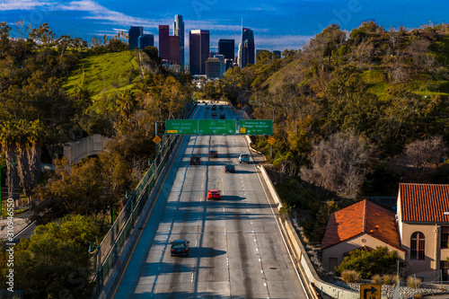 JANUARY 20, 2019, LOS ANGELES, CA, USA - Pasadena Freeway  (Arroyo Seco Parkway) CA 110 leads to downtown Los Angeles in morning light