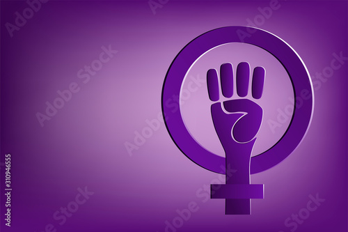 A symbol of the feminist movement, struggle and resistance. Clenched fist purple. Venus sign on a purple background. Vector illustration of women concept design. 