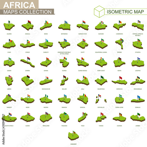 Set of African countries isometric map and flag.