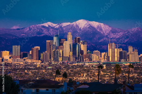 FEBRUARY 6, 2019 - LOS ANGELES, CA, USA - "City of Angeles" - Los Angeles Skyline framed by San Bernadino Mountains and Mount Baldy with fresh snow from Kenneth Hahn State Park