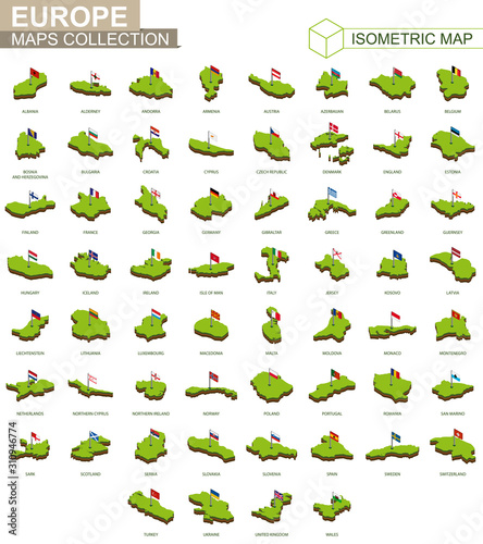 Set of European countries isometric map and flag.
