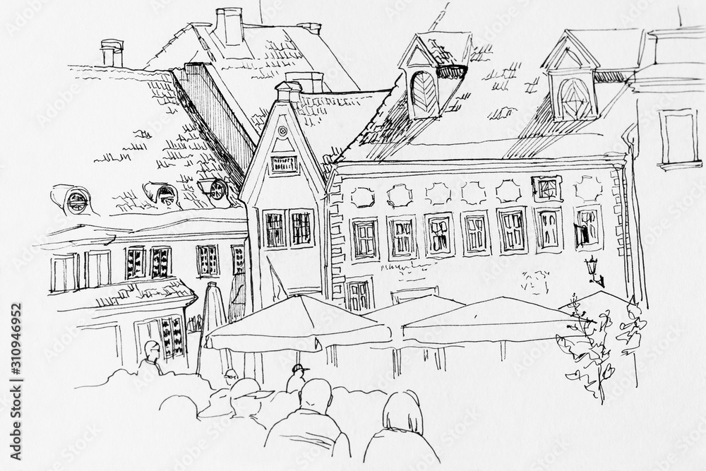 Raekoja plats (Tallinn Town Hall Square) in a street fest line art hand drawing