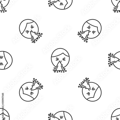 Grey line Man holding handkerchief or napkin to his runny nose icon isolated seamless pattern on white background. Coryza desease symptoms. Vector Illustration