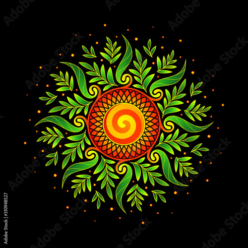 Illustration of festive abstract mandala; Decorative mesmerizing sun; Colorful magic flower and plants; Sacred geometry and visionary art; Vector template.