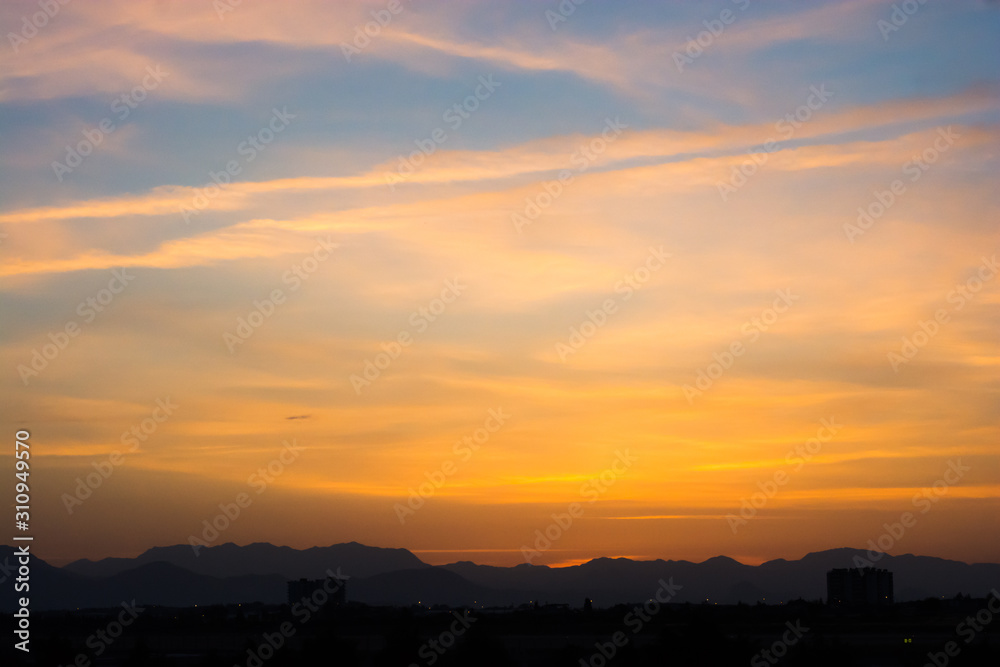 Amazing background scene of city in darkness and silhouette of a bird over orange sky on sunset.