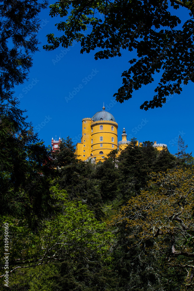The Pena Palace seen from the Gardens of Pena Park at the municipality of Sintra