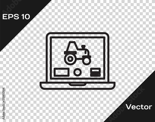 Black line Laptop application for control a autonomous tractor on a smart farm icon isolated on transparent background. Smart agriculture implement. Vector Illustration