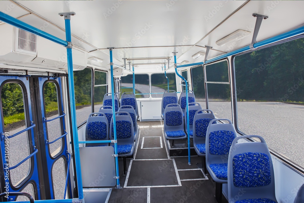 Interior of an empty bus moving on a country highway
