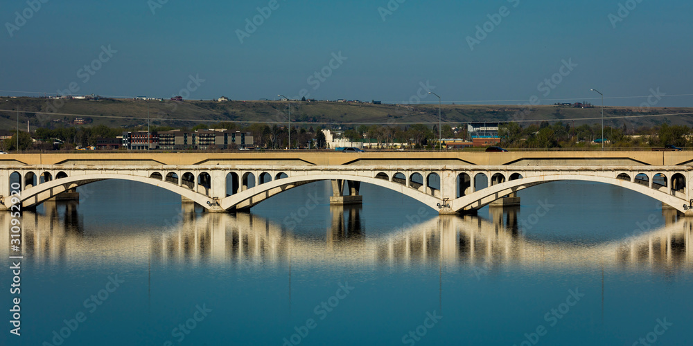 MAY 23, 2019 - GREAT FALLS, MONTANA, USA - Arched Bridge over Missouri River, Great Falls, Montana, USA MAY 23, 2019 - GREAT FALLS, MONTANA, USA - Arched Bridge over Missouri River, Great Falls, Montana, USA