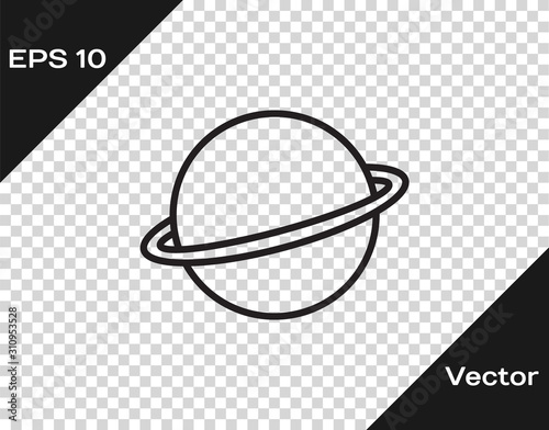 Black line Planet Saturn with planetary ring system icon isolated on transparent background. Vector Illustration