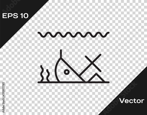 Black line Sunken ship at the bottom of the sea icon isolated on transparent background. Vector Illustration