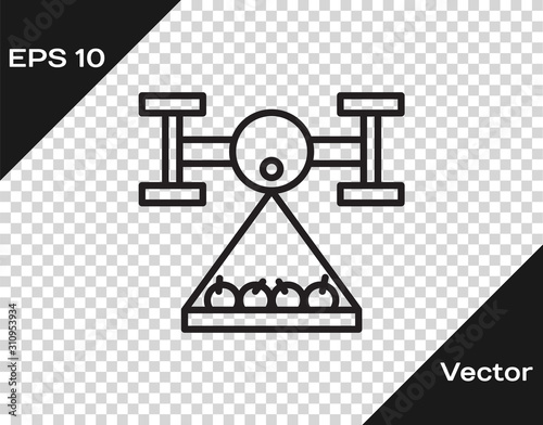 Black line Smart farm with drone control collects harvest icon isolated on transparent background. Innovation technology for agricultural company. Vector Illustration