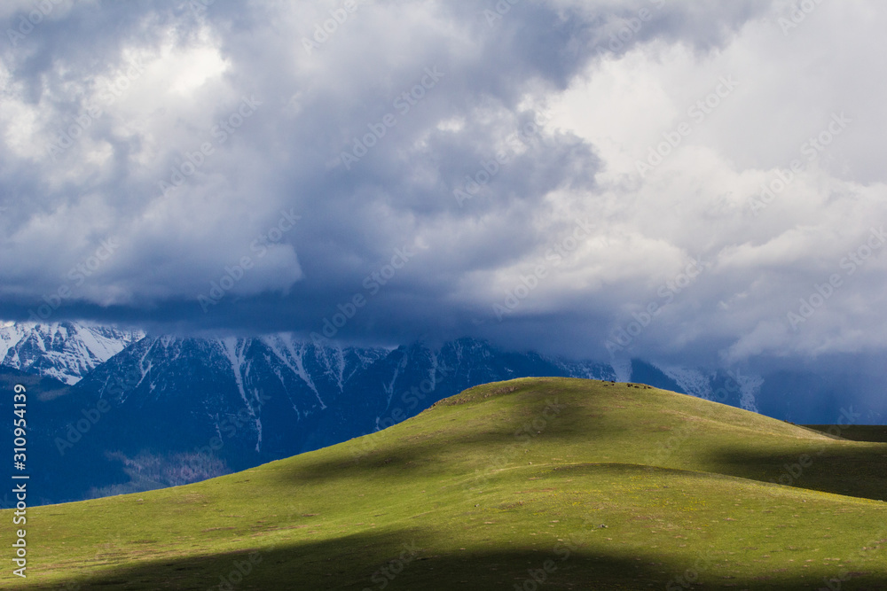 Fototapeta premium Mountainous countryside with green meadows dark clouds and snow capped cliffs