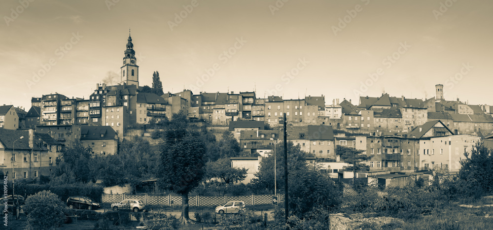 Panorama of Bystrzyca Klodzka, view of the old buildings of the city.