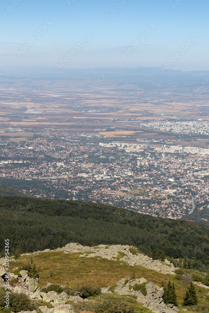 View of city of Sofia from Kamen Del Peak at Vitosha Mountain