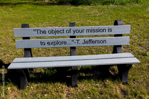 MAY 20, FORT MANDAN, NORTH DAKOTA, USA - Thomas Jeffersion quote on bench about 
