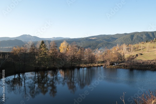 Autumn mountain forest village landscape. Mountain village in autumn.