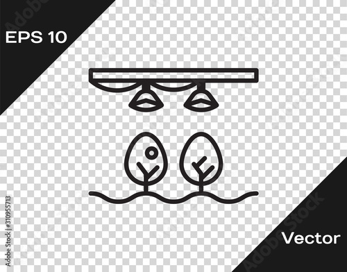Black line Smart farm with light bulb and plant symbol icon isolated on transparent background. Vector Illustration