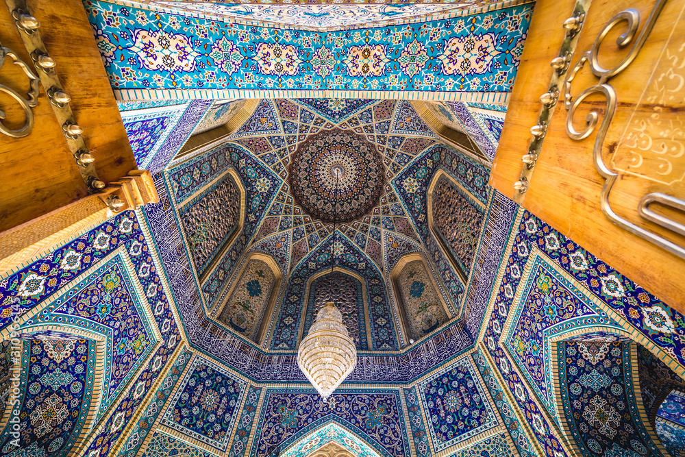 Decorated gateway in complex of Shah Cheragh mosque in Shiraz, Iran
