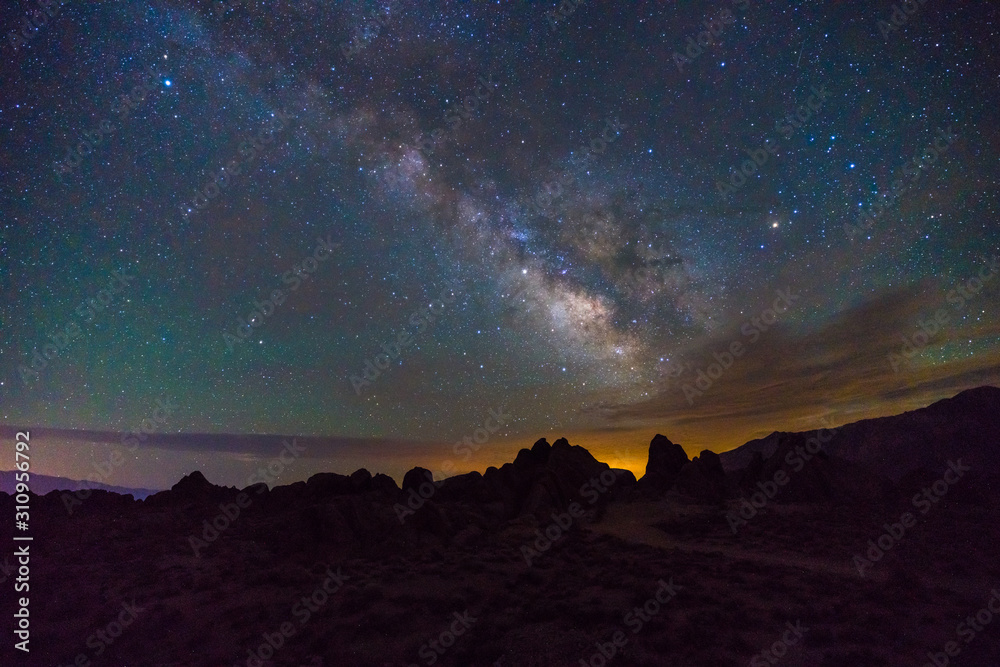 Milky way over the alabama hills and mount whitney, California