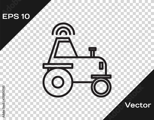 Black line Self driving wireless tractor on a smart farm icon isolated on transparent background. Smart agriculture implement element. Vector Illustration