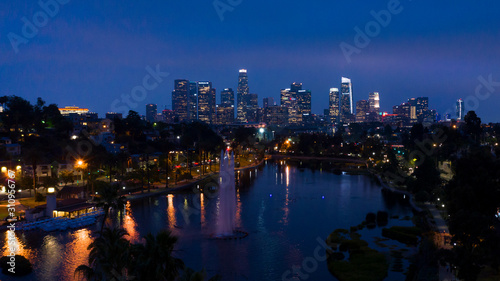 JUNE 18, 2019, LOS ANGELES, CA, USA, Aerial of Los Angeles Skyline and Echo Park Lake at dusk