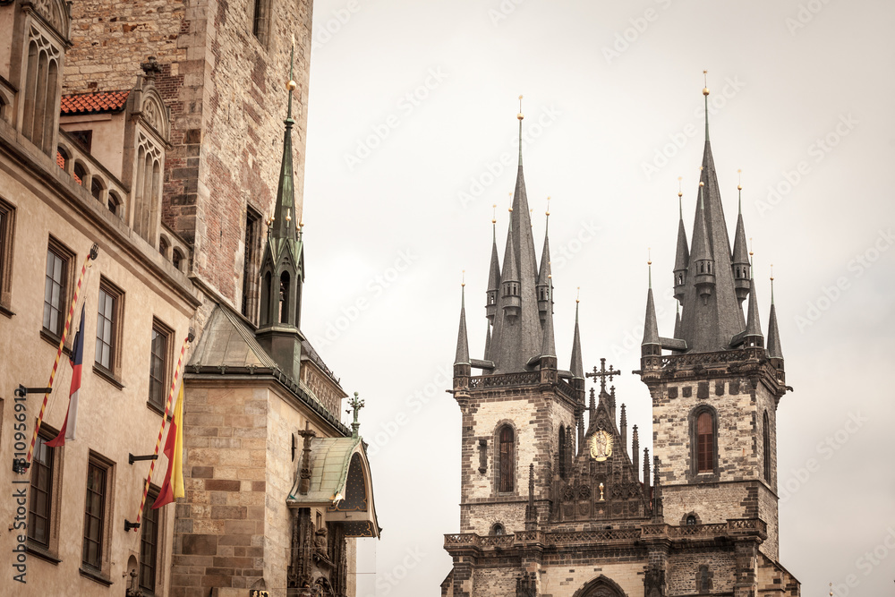 Towers of the church of our lady before tyn, also called chram matky bozi pred tynem or tynsky chram, in the old town of Prague, Czech Republic. it is a landmark of Old town Straromestska square